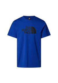 Camiseta de algodón azul con un estampado negro del logo "THE NORTH FACE" y un diseño de media arco. Mangas cortas y estilo de cuello redondo.