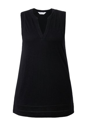 Top nero senza maniche realizzato in tessuto leggero, con scollatura a V, dettagli di cucitura delicati e una vestibilità rilassata.