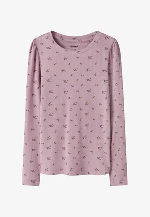 Maglietta rosa a maniche lunghe con motivo floreale viola piccolo e scollo rotondo, progettata per bambini, taglia EU 104.