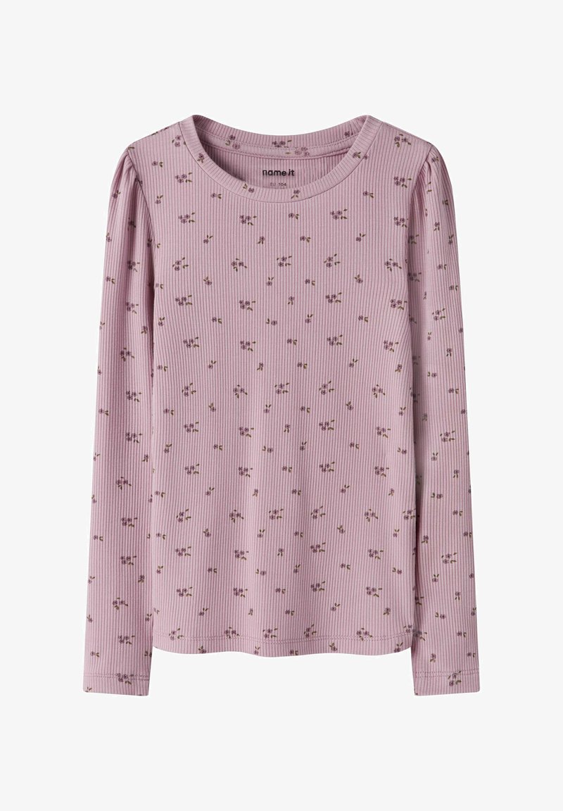 Maglietta rosa a maniche lunghe con motivo floreale viola piccolo e scollo rotondo, progettata per bambini, taglia EU 104.
