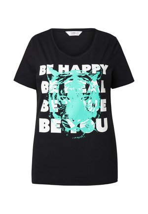 Zwarte katoenen T-shirt met een turkooizen tijgerafbeelding en witte tekst "WEES VROLIJK WEES MOOI WEES JIJZELF." Ronde hals en korte mouwen.