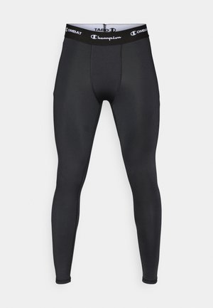 Leggings de compresión negras con una banda elástica en la cintura que presenta los logotipos de "Champion" y "Combat". Fabricados en un tejido suave y elástico.