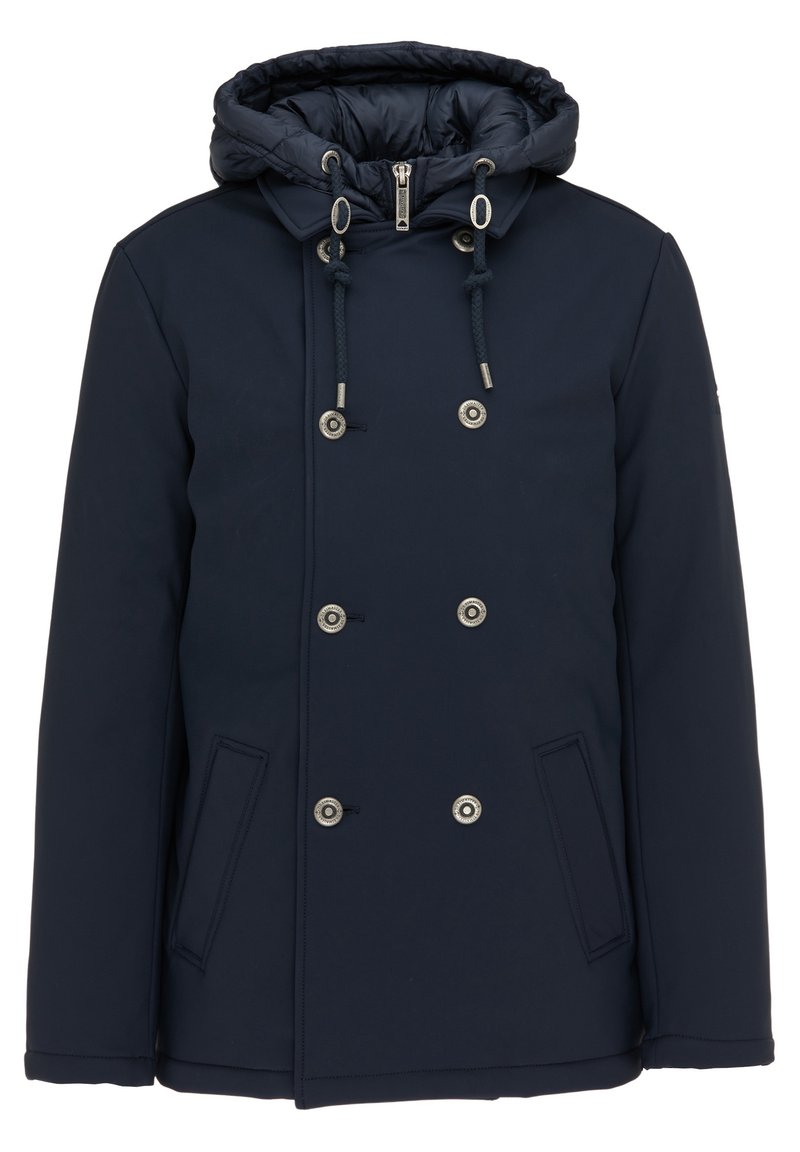 Marineblau gepolsterte Jacke mit abnehmbarem Kapuzen, doppelt geknöpftem Design, silbernen Beschlägen und Seitentaschen. Glatte Textur und verstellbare Kordeln.