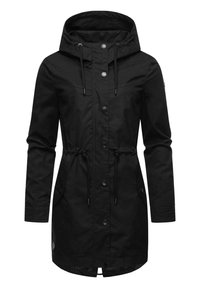 Parka noire avec capuche, taille ajustable à cordon, fermeture par boutons-pression/boutons, deux poches latérales et texture de tissu lisse.