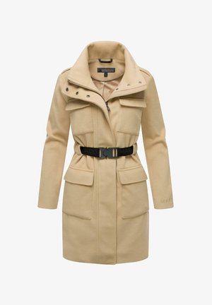 Beige villasegu segu coat kõrge kraega, lukuga sulgemine, neli esitaskut ja must vöö. Omab siledat tekstuuri ja kohandatud disaini.