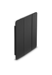Black tri-fold tablet case partially covering silver tablet, standing upright on white background.