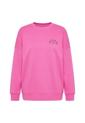 Hellpinkes langärmeliges Sweatshirt mit gerippten Bündchen und Saum, mit schwarzem Text und Herz mit der Aufschrift „Loud, Proud and Full of Love“ auf der linken Brust.