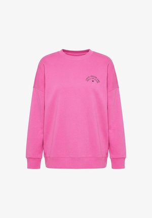 Hellpinkes langärmeliges Sweatshirt mit gerippten Bündchen und Saum, mit schwarzem Text und Herz mit der Aufschrift „Loud, Proud and Full of Love“ auf der linken Brust.