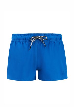 Blaue Herren-Badeshorts mit elastischem Bund und schwarz-weißem Kordelzug, der vorne in der Mitte zu einer Schleife gebunden ist.