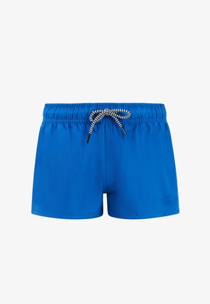 Blauwe zwembroek voor mannen met elastische tailleband en zwart-witte trekkoorden, gestrikt in een strik aan de voorzijde.
