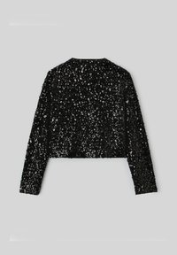 Veste noire courte à manches longues, couverte de paillettes brillantes, avec un col rond simple et une texture lisse.