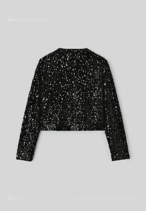 Veste noire courte à manches longues, couverte de paillettes brillantes, avec un col rond simple et une texture lisse.
