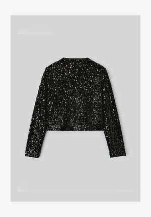 Veste noire courte à manches longues, couverte de paillettes brillantes, avec un col rond simple et une texture lisse.