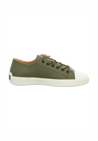 Green synthetic leather sneakers with white rubber toe cap, laces, and a textured sole. Features a smooth finish and understated design.