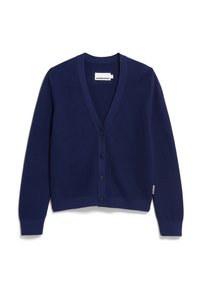 Marineblaues, leichtes Cardigan aus Strickstoff, mit V-Ausschnitt, langen Ärmeln und sechs Knöpfen für den Verschluss vorne.