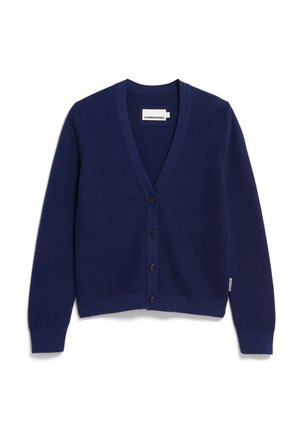 Marineblaues, leichtes Cardigan aus Strickstoff, mit V-Ausschnitt, langen Ärmeln und sechs Knöpfen für den Verschluss vorne.