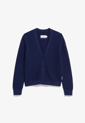 Navyblauwe, lichte cardigan van gebreid materiaal, met een V-hals, lange mouwen en zes knopen aan de voorkant voor sluiting.