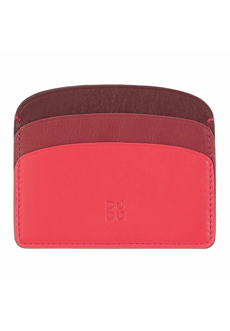 Portafoglio in pelle con tre slot in una gradazione di rosa e burgundy. Texture liscia con logo del marchio impresso sul davanti.