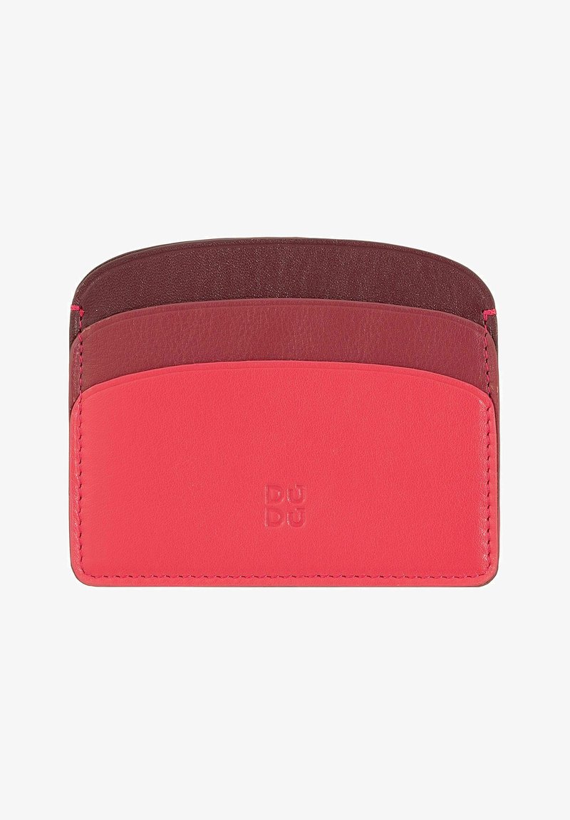 Portafoglio in pelle con tre slot in una gradazione di rosa e burgundy. Texture liscia con logo del marchio impresso sul davanti.