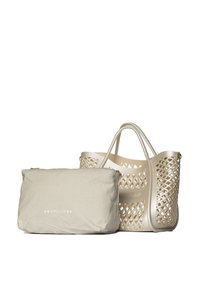 Due borse: una è una borsa in plastica intrecciata beige con motivi ritagliati, l'altra è una borsetta morbida beige a tinta unita con zip.