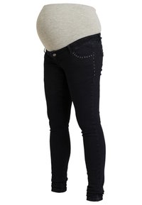 Mammabyxor i skinny modell i mörk denim med en grå mjuk midja. Har sidostudsar och en figurnära design för komfort och stil.