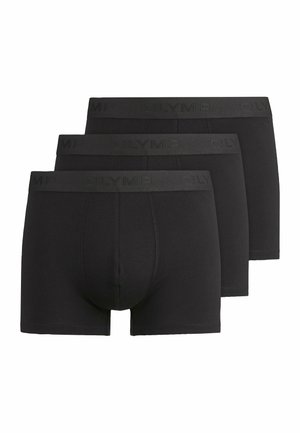 Schwarze Baumwoll-Boxershorts im Dreierpack; ausgestattet mit einem weichen Bund mit eingeprägtem "OLYMP"-Logo und einem enganliegenden, glatten Design.