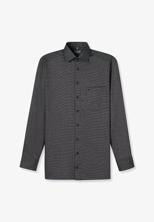 Herren Langarmhemd in Dunkelgrau mit strukturiertem Muster, Button-Down-Kragen, Vordertasche und schwarzen Knöpfen. Glatte Stoffoberfläche.