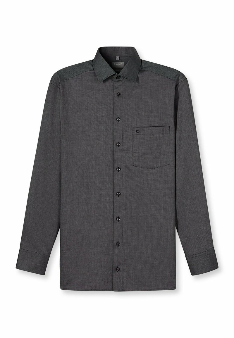 Herren Langarmhemd in Dunkelgrau mit strukturiertem Muster, Button-Down-Kragen, Vordertasche und schwarzen Knöpfen. Glatte Stoffoberfläche.