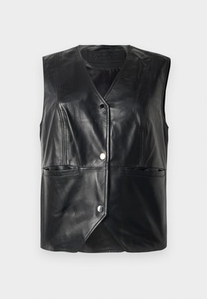 Svart ermeløs skinnvest med V-hals, front knapper, og to horisontale lommer, vist flatt mot en hvit bakgrunn.