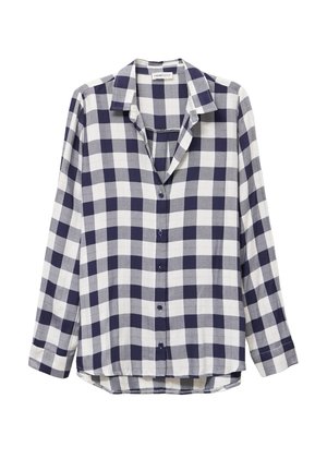 Koszula w kratę w kolorze granatowym i białym; uszyta z lekkiego materiału, z kołnierzykiem, długimi rękawami i zaokrąglonym dołem.