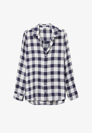Karierte Button-Down-Hemd in Marineblau und Weiß; aus leichtem Stoff mit Kragen, langen Ärmeln und abgerundetem Saum.