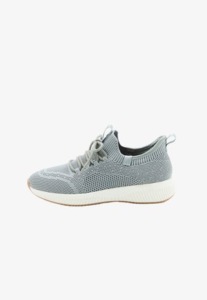 Gray mesh sneakers with rounded toe, textured knit upper, and lightweight rubber sole. Features lace closure and contrasting accents.