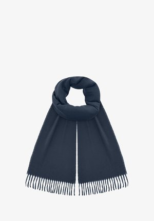 Granatowy szalik wykonany z miękkiego materiału, charakteryzujący się zwiniętym wzorem i długimi frędzlami po obu końcach, co nadaje mu interesujący efekt teksturalny.