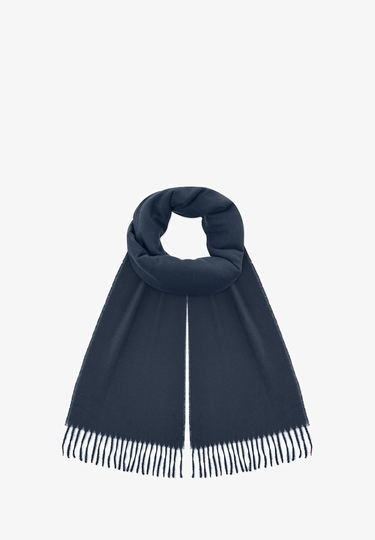 Granatowy szalik wykonany z miękkiego materiału, charakteryzujący się zwiniętym wzorem i długimi frędzlami po obu końcach, co nadaje mu interesujący efekt teksturalny.