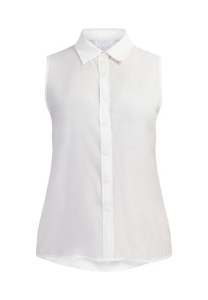 Biała bezrękawnikowa bluzka wykonana z lekkiego materiału, z przodem zapinanym na guziki i klasycznym kołnierzykiem. Gładka faktura z zaokrąglonym dołem.