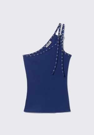 One-shoulder navy tank top with ribbed texture, featuring silver eyelet accents along the neckline and adjustable straps.