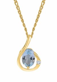 Collana d'oro con design a spirale, con una pietra ovale azzurro chiaro e un accento di pietra rotonda trasparente. La catena è composta da maglie intrecciate.