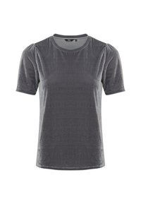 Grijze fluwelen t-shirt met korte mouwen, ronde halslijn en gathers op de mouwen, een gladde textuur en een aansluitende pasvorm.