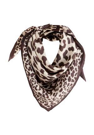 Silk scarf with brown and cream leopard print folded in a triangular shape with pointed ends.