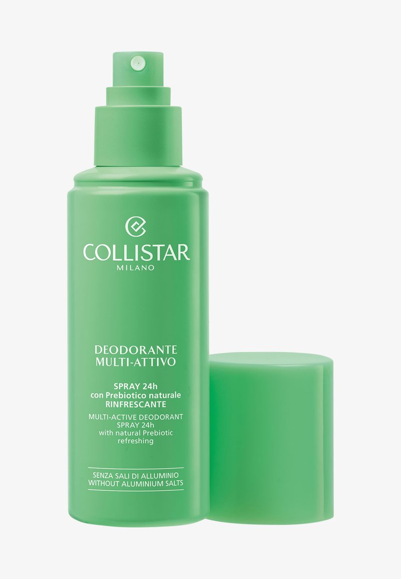 Grüne Sprühflasche des Collistar Multi-Active Deodorants ohne Deckel, gekennzeichnet mit 24-Stunden natürlicher prebiotischer erfrischender Formel ohne Aluminiumsalze.