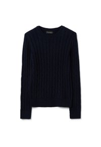 Navyblauer Strickpullover mit strukturiertem Zopfmuster, Rundhalsausschnitt und gerippten Bündchen und Saum. Hergestellt aus weichem, dehnbarem Material.