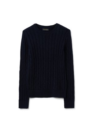 Pull en maille bleu marine avec un motif en relief de type cable, encolure ronde et finitions côtelées aux poignets et à l'ourlet. Réalisé dans un matériau doux et extensible.