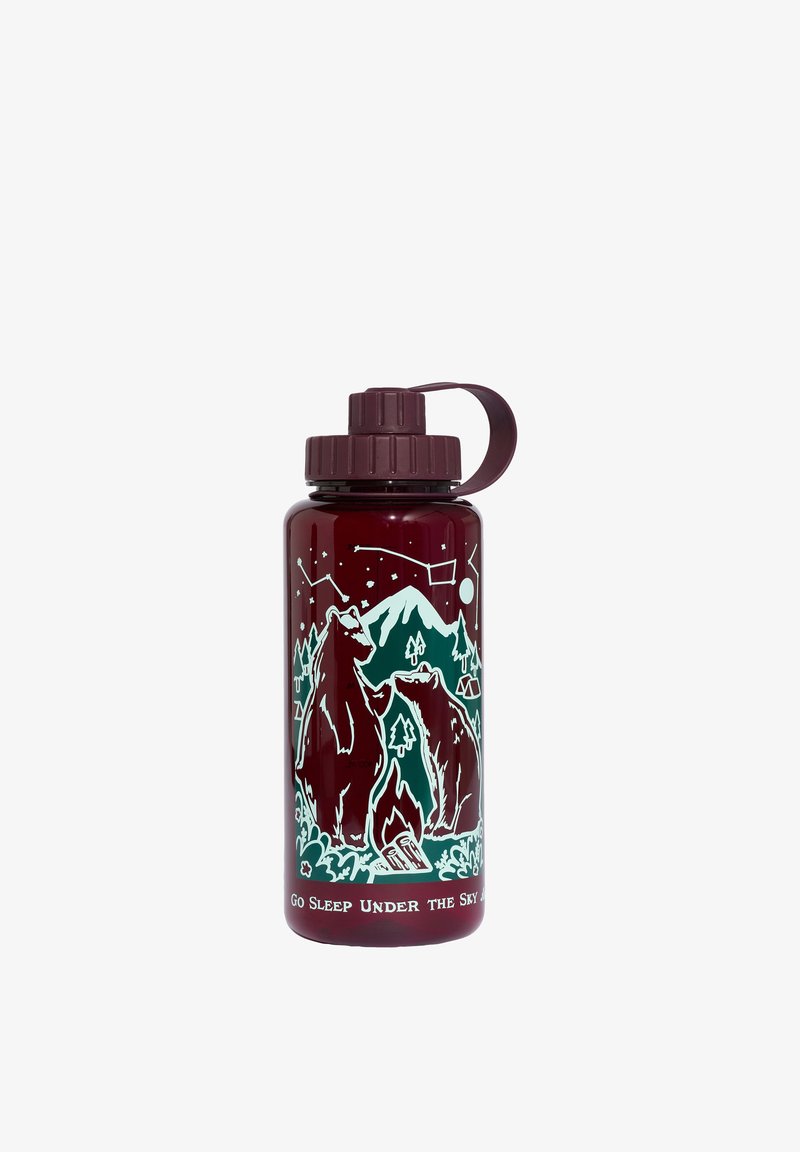 Dark red water bottle with mountain, campfire, two bears, constellations, and "Go Sleep Under the Sky" text around base.