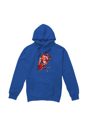 Blue hoodie with front pocket and graphic of a red, sharp-clawed hand gripping a broken glass shard on the chest.