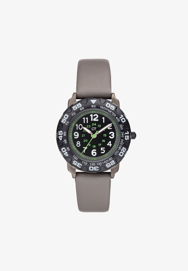 Analoge Uhr mit schwarzem Zifferblatt, arabischen Ziffern, grünen Akzenten und einer Tachymeterskala. Grauer Lederarmband; Gehäuse aus Edelstahl.