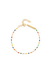 Farbiger Perlenarmreif mit goldener Kette, der lebendige, mehrfarbige Perlen sowie einen goldenen Anhänger mit der Gravur "SINGULARU" enthält. Verstellbare Länge.