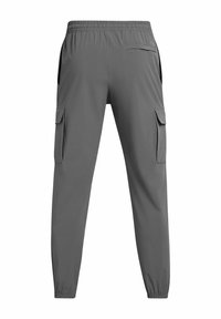 Graue Cargo-Hosen mit einem elastischen Bund, schmal zulaufenden Beinen, seitlichen Taschen und einer Gesäßtasche. Hergestellt aus einem leichten, flexiblen Material.