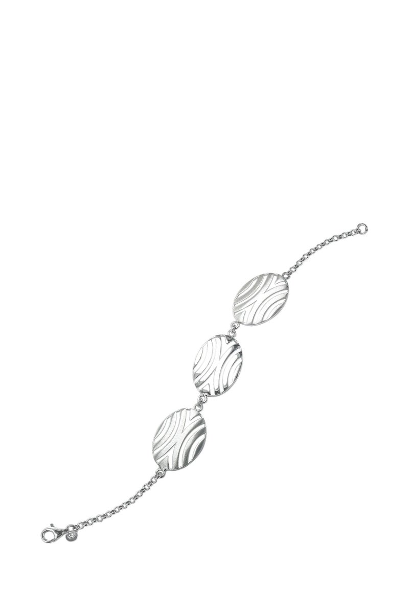 Bracelet en argent composé de trois maillons ovales avec des motifs ondulés texturés, reliés par une fine chaîne et orné d'un fermoir en forme de homard.