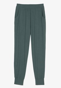 Tealfarbene, leichte Hose mit elastischem Bund, seitlichen Taschen und gerafften Bündchen an den Knöcheln. Glatte Textur, lockere Passform.