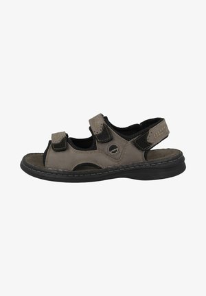 Gray leather sandal with double Velcro straps, open toe design, black accents, cushioned insole, and stitched detailing along the sole.